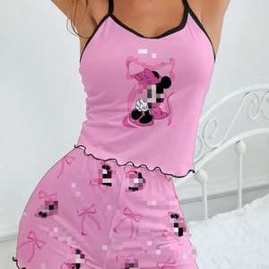 Individuelle Cartoon-Maus-Figur Rosa Damen Tanktops Homewear-Sets Niedliche Pyjamas Atmungsaktive Weiche Sommer-Kurzarm-Schlafanzüge - Product Image 2