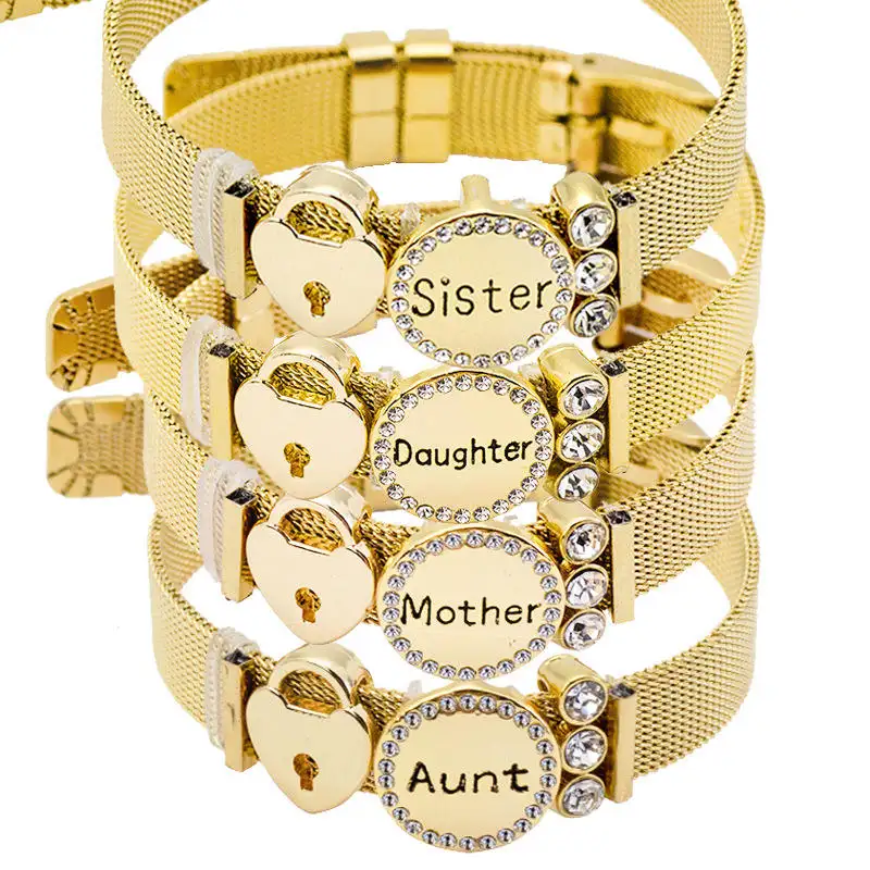 Bijoux de mode en acier inoxydable or 18k, montre à grille, Bracelet de montre, Bracelet femme, personnalisé famille, lettre, Bracelets mère, 2023