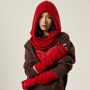 ชุดถุงมือไหมพรมไหมพรม2ชิ้นสำหรับฤดูหนาวสีเบจสีแดงล้วนสำหรับผู้หญิงหมวกอุ่นแขนยาว - Product Image 1
