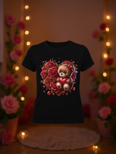 T-shirt da donna con stampa di orsetti e rose per San Valentino, a maniche corte, girocollo, casual, 100% cotone, moda primavera estate - Product Image 2