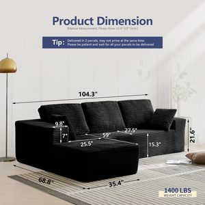 मुक्त शिपिंग 104 "बोनलेस सोफे प्लग कॉर्डरॉय काले अनुभागीय एल-आकार चेज़ लिविंग रूम बॉक्स पैकेजिंग संपीड़न सोफा - Product Image 2