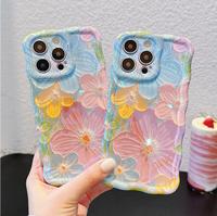 Coque de téléphone Blu-ray effet peinture à l'huile florale pour iPhone 16 15 Pro 14 11 12 13 Pro Max, étui scintillant coloré à motif floral mignon pour femmes et filles