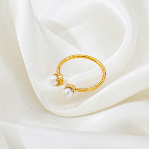 Hochwertige 18K PVD vergoldete 2 Frischwasserperlen offener Ring Edelstahl damen tarnfreier modischer Schmuck - Product Image 2