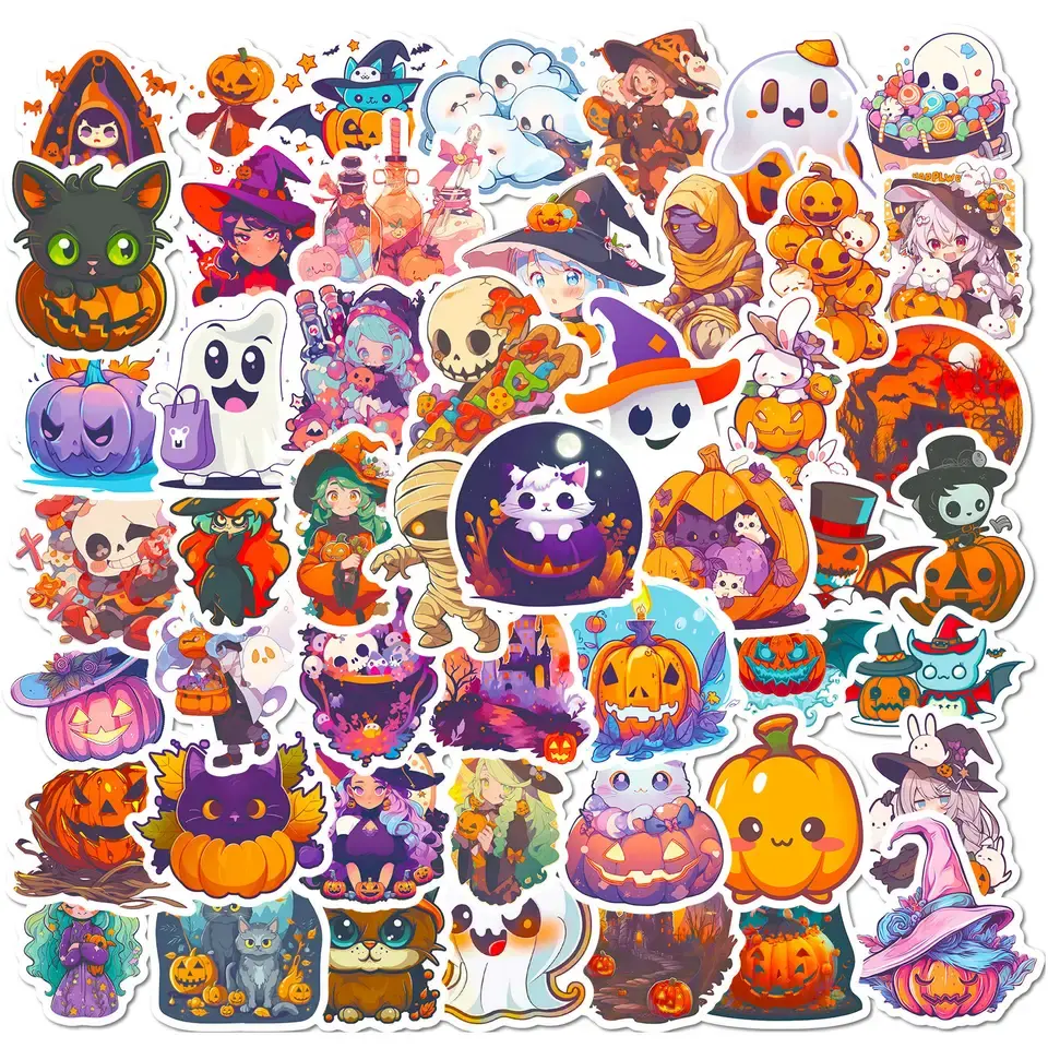 Wholesale New 50Pcs Cute Halloween Kid Play Decorative Stickers For Wall Book Bottle Decor Vinyl Pumpkin Head Sticker