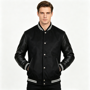 Veste universitaire classique personnalisée pour homme, veste bomber de baseball streetwear unie avec manches en similicuir et poignets rayés - Product Image 4