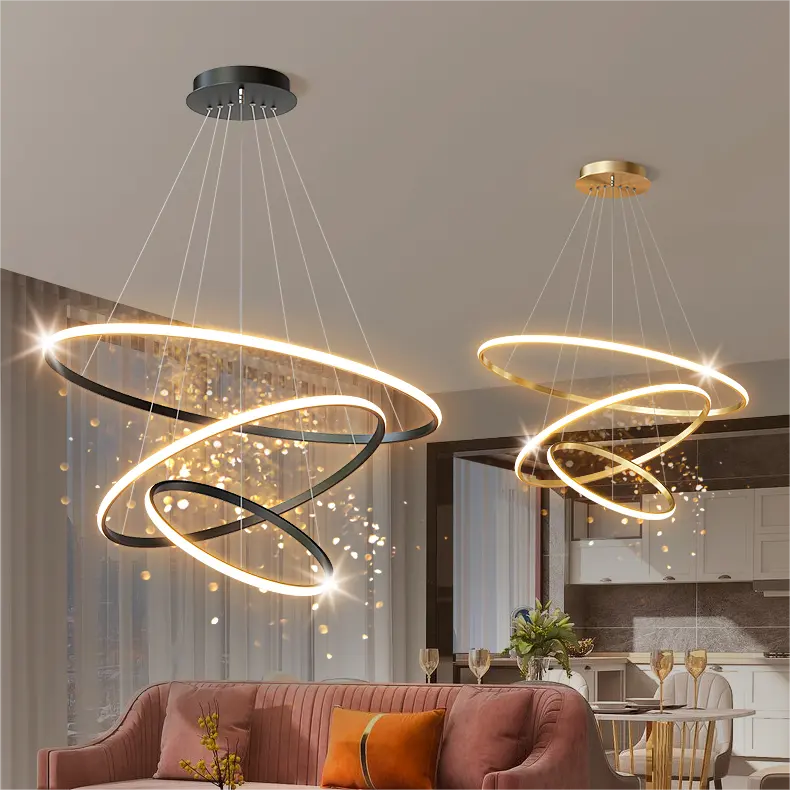 Design model three rings dining room bar LED pendant light warm gold living room chandelier