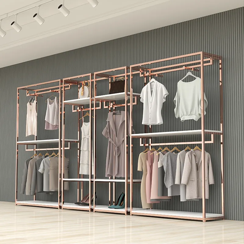 Rack de varejo de ouro rosa brilhante personalizado, de fábrica, para moças, loja de roupas, estante de aço inoxidável