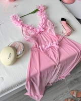 Ensemble de lingerie sexy pour femme, robe à bretelles dos nu, motif uni, respirant, avec string