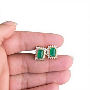 18K Gold Natural Diamond & <b>Emerald</b> <b>Stud</b> Earrings Handmade Fine Luxury Jewelry Wholesale Supplier - Product Image 1