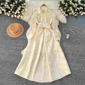 Vestido Midi Casual de Verano para Mujer, Estilo Vintage, Tejido con Estampado Digital, Cuello Polo, Cintura Imperio, Manga Larga, Silueta en A - Product Image 1