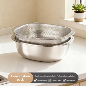 Juego de coladores ovalados de acero inoxidable, cuenco grueso multiusos para lavar arroz, colador de frutas y verduras para cocina - Product Image 4