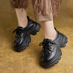 Zapatos de Plataforma con Cordones y Punta Redonda Estilo Británico Otoñal, Zapatos Casuales Ligeros de Cuero Real para Mujer, Zapatos Retro - Product Image 4