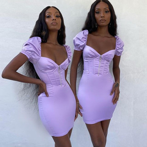 European American Style Women's Puff Sleeve V Neck Short Dress With <b>Zipper</b> Club Wear - Product Image 1