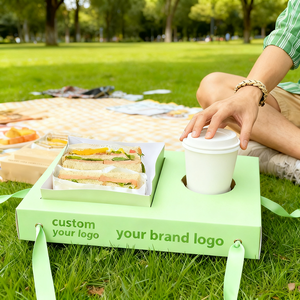 Boîte à lunch portable avec <span class=keywords><strong>porte</strong></span>-gobelet intégré, plateau en papier personnalisé pour sandwichs, toasts et boissons, à tenir à la main - Product Image 3