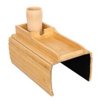 Bandeja de sofá de madera de nuevo diseño con soporte de bebida giratorio de 360 grados y soporte para teléfono bandeja de brazo de sofá de bambú plegable para comer