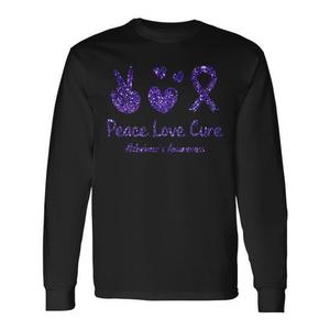Camiseta de manga larga con gráfico morado de Peace Love Cure Alzheimer's Awareness - Product Image 1
