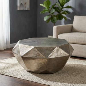 Handmade <b>Silver</b> Metal Geometric Faceted Drum Coffee <b>Table</b> Modern Hammered Finish <b>Side</b> <b>Table</b> - Product Image 2