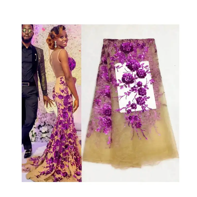 Payet bordir renda Afrika 3d bunga kain jala tessuto per abiti da sposa gaun pernikahan kain bordir
