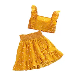 夏季新款儿童圆点吊带上衣蕾丝短裙两件套女童套装仙女公主女童连衣裙