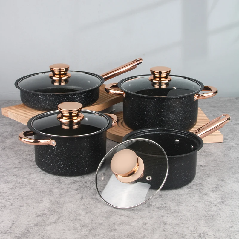 High Quality 8pcs Black Iron Medical Stone Coating Kitchenware Non-stick Cookware Pots and Pans Set · image 2