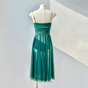 Robe de danse lyrique vert foncé pour filles, costume de ballet contemporain, jupe en tulle fluide, performance scénique, Spandex/Nylon - Product Image 5