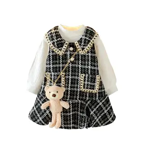Bear Leader-Vestidos Elegantes a cuadros para niña, trajes de fiesta de princesa para otoño, moda de manga larga, ropa de Tweed dulce con bolsa de oso