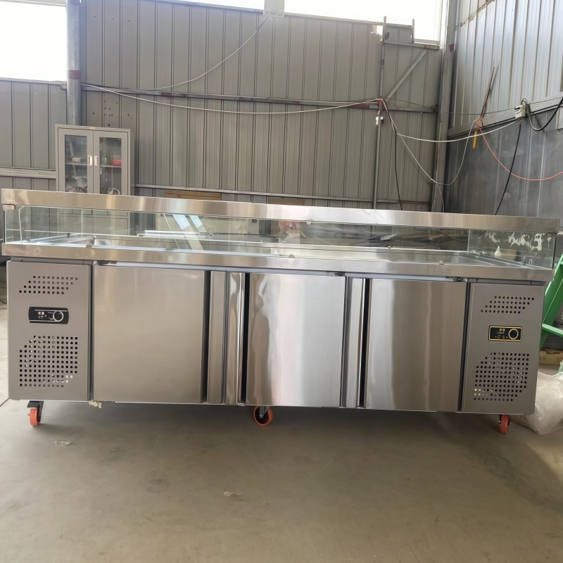 Hema Ready-to-Eat Salad Prep Table with Grooved Condiment Channels, 304 Stainless Steel Surface and -5-15℃ Custom Range
