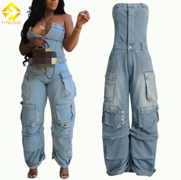 Kargo Denim Jumpsuit tanpa tali banyak kantong musim gugur 2023 pakaian wanita Tube Top desain Hollow Out Jumpsuit Denim tanpa lengan