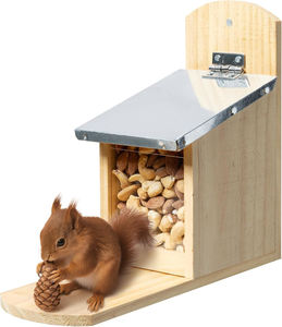 <b>Pine</b> Wood Squirrel Feeder Outdoor Backyard Garden Feeding Station with Iron Roof Water Resistant Modern Design Safe for Wildlife - Product Image 1