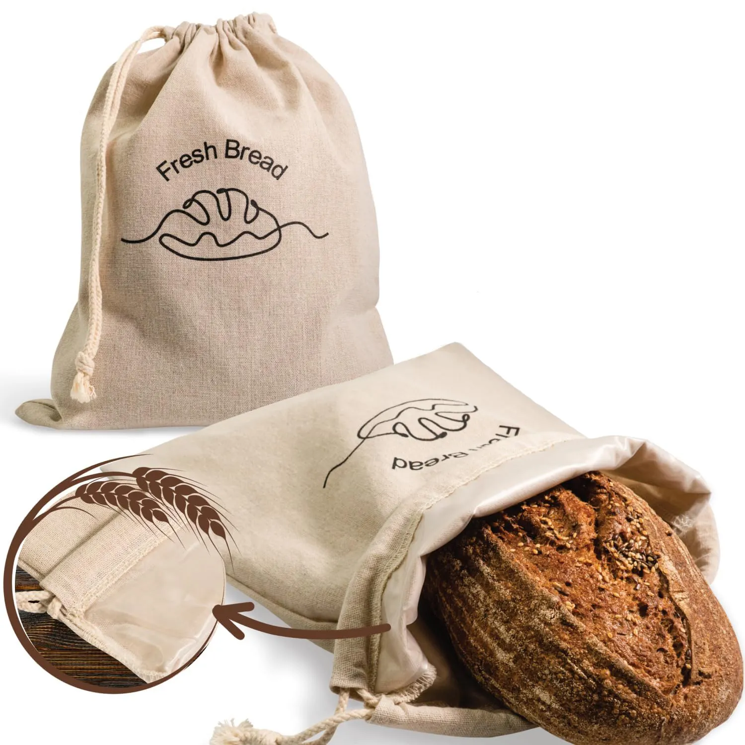 İç astarlı yeniden kullanılabilir keten ekmek torbaları ev yapımı ekmek taze ve güvenli tutar