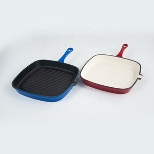 Poêle à frire en <span class=keywords><strong>fonte</strong></span> <span class=keywords><strong>émaillée</strong></span> en gros d'usine, poêle grill antiadhésive <span class=keywords><strong>rayée</strong></span>, compatible gaz et induction pour barbecue familial en extérieur - Product Image 1