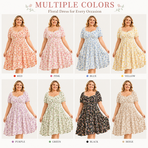 Robe midi décontractée en mélange de coton grande taille pour femme, col cœur, manches bouffantes, imprimé floral délicat, pour le quotidien - Product Image 2