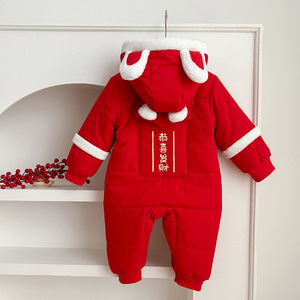 Combinaison pour bébé Angou, rouge, hiver, garçons et filles, festival du printemps, épaissie, vêtements de Noël, longue combinaison à ramper - Product Image 3