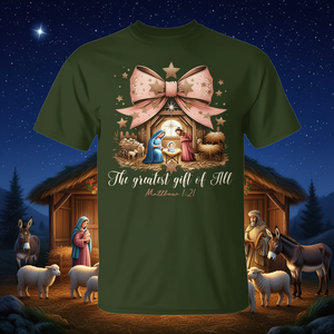 El mejor regalo de Navidad, camiseta con diseño de la Natividad y lazo, Mateo 1:21 - Product Image 3