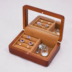 Caja de joyería de madera con espejo para mujer y niña, organizador de joyas, pendientes, anillos, pulsera, collar, almacenamiento