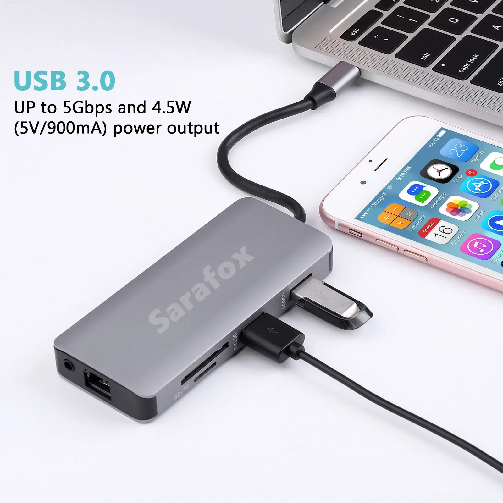 Sarafox USB C Rj45 허브 9 in 1 어댑터 4K 기가비트 USB 3.0 USB2.0 포트 이더넷 SD 카드 슬롯 맥북 패드와 호환 가능