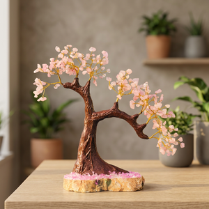 Pink Crystal Tree Handmade Gemstone Decor Wooden Base Stone Branch Ornament for Home Office <b>Desk</b> - Product Image 2