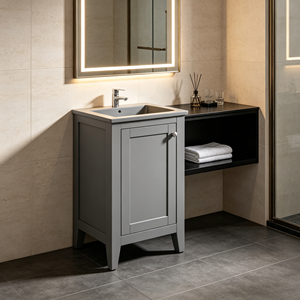 Mueble de Baño Moderno Minimalista de Madera Maciza Pintada en Gris con Tiradores Cromados, Lavabo de Cerámica y Desagüe de Acero Inoxidable - Product Image 2