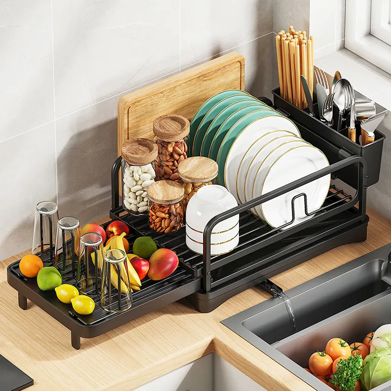 Multifunctional Extendable 16.53''-26.77'' Kitchen Sink Caddy Dish drying Rack Cutlery Cup Drainer Holder with Drain Spout