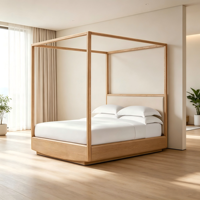 Lit double en chêne de style américain moderne, avec piliers hauts, en bois massif, pour hôtel