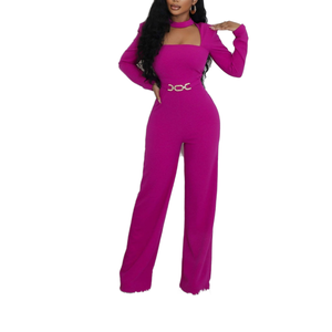 Combinaison longue pour femme, taille haute, couleur unie, manches longues, col carré, ceinturée, jambe large, en maille extensible, pour clubbing - Product Image 1