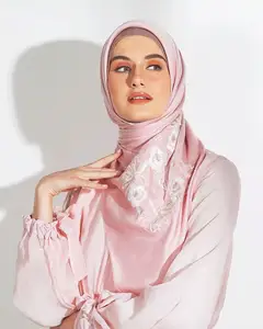 muslim Embroidery hijab scarf high quality scarf shawl customized size flower design flowerly fancy crepe silk