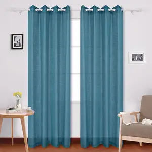 Luxus fertige Stickerei Stoff durchscheinende Tüll Voile Fenster vorhang Lake Blue Sheer Leinen Vorhänge für Hotel Schlafzimmer