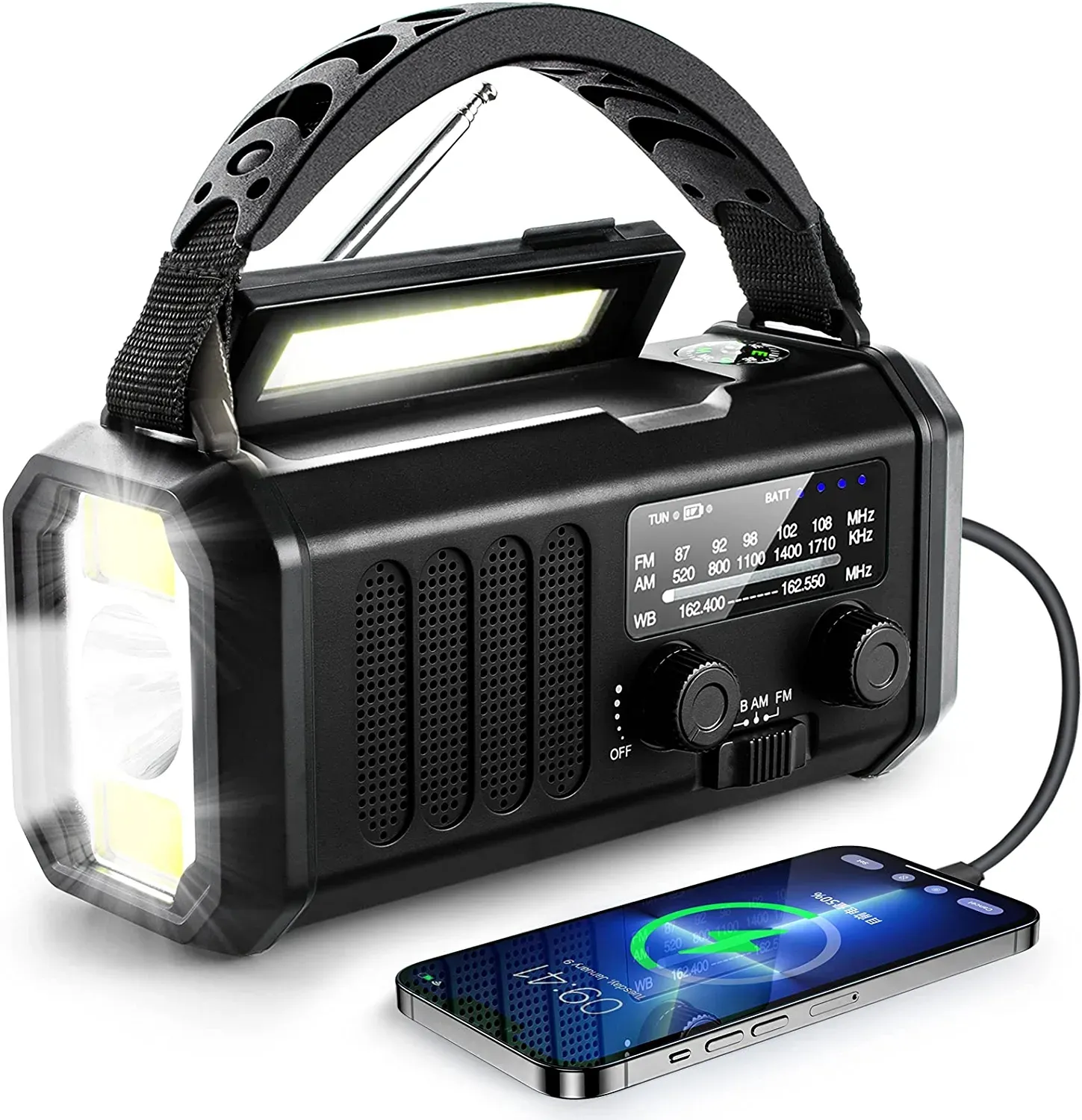 Multifunction SOS Alarm with Compass Flashlight Radio FM AM 10000mAh Portable Emergency Charger Hand Crank Solar Radio