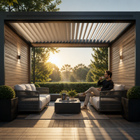 Pergola bioclimatique motorisée moderne de luxe en aluminium avec volets latéraux en grain de bois, résistante aux intempéries, écologique, pour jardin
