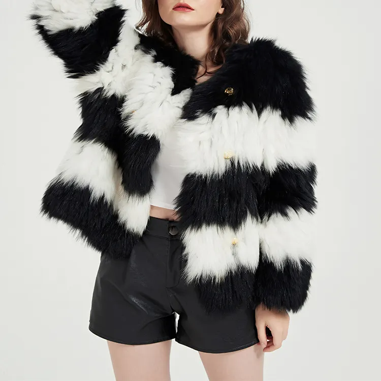 Personalizado Mulheres Preto e Branco Listrado Casaco De Inverno Jaqueta De Luxo Faux Fox Fur Casaco Oversize Manga Longa Faux Fur Casaco Sobretudo