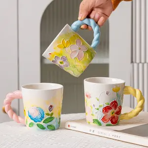OEM Creative Hand Painted Cute Ceramic Coffee Mugs Custom Large Flower Embossed Ceramic Milk Cup Breakfast Mugs Oat mug