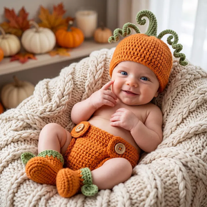 Ensemble de costumes de citrouille au crochet pour nouveau-né, chapeau, pantalon, chaussettes, tenue de séance photo tricotée, unisexe - Product Image 2