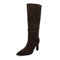 Bottes d'équitation d'hiver en cuir véritable à talon fin, à bout pointu et montantes jusqu'au genou