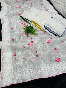 Saree en soie de satin de fil de Jari de travail en soie d'organza doux en nylon lourd avec chemisier en dentelle prêt à l'emploi - Product Image 5